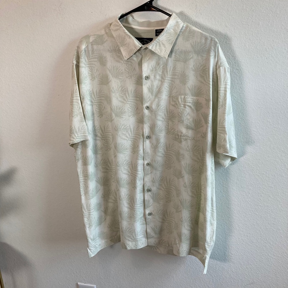 Nat Nast Button Up Mens XL Green Silk Cotton Blend Palm Leaf Tropical Camp Shirt